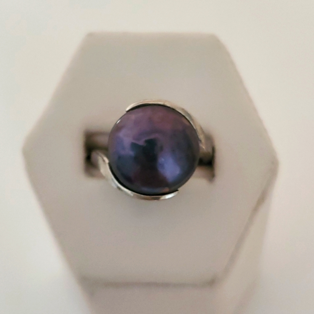 Sterling Silver Genuine Black Coin Pearl Ring Size 6
